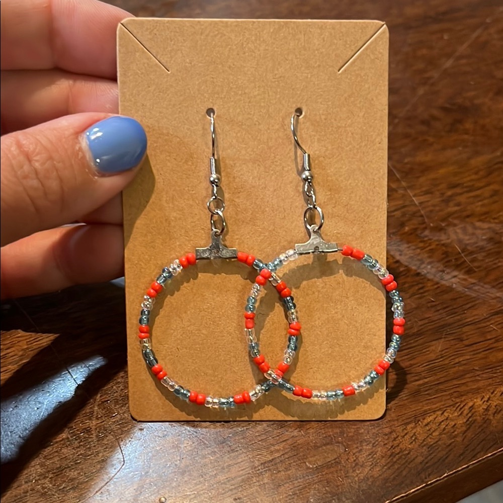 Red, White, and Blue Beaded Hoop Earrings
